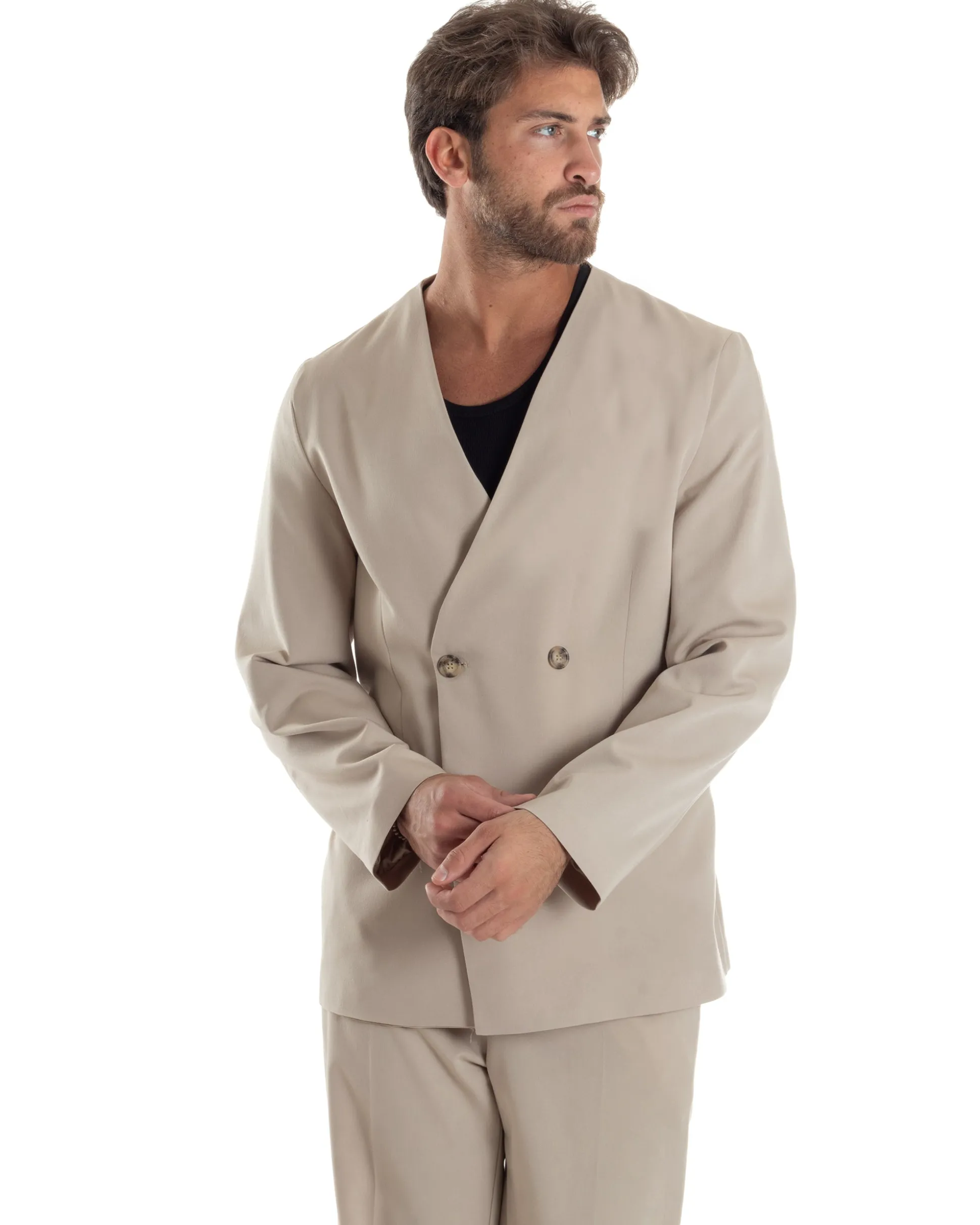 Giacca Doppiopetto Uomo Viscosa Senza Rever Relaxed Fit Casual Tinta Unita Beige GIOSAL-G3296A