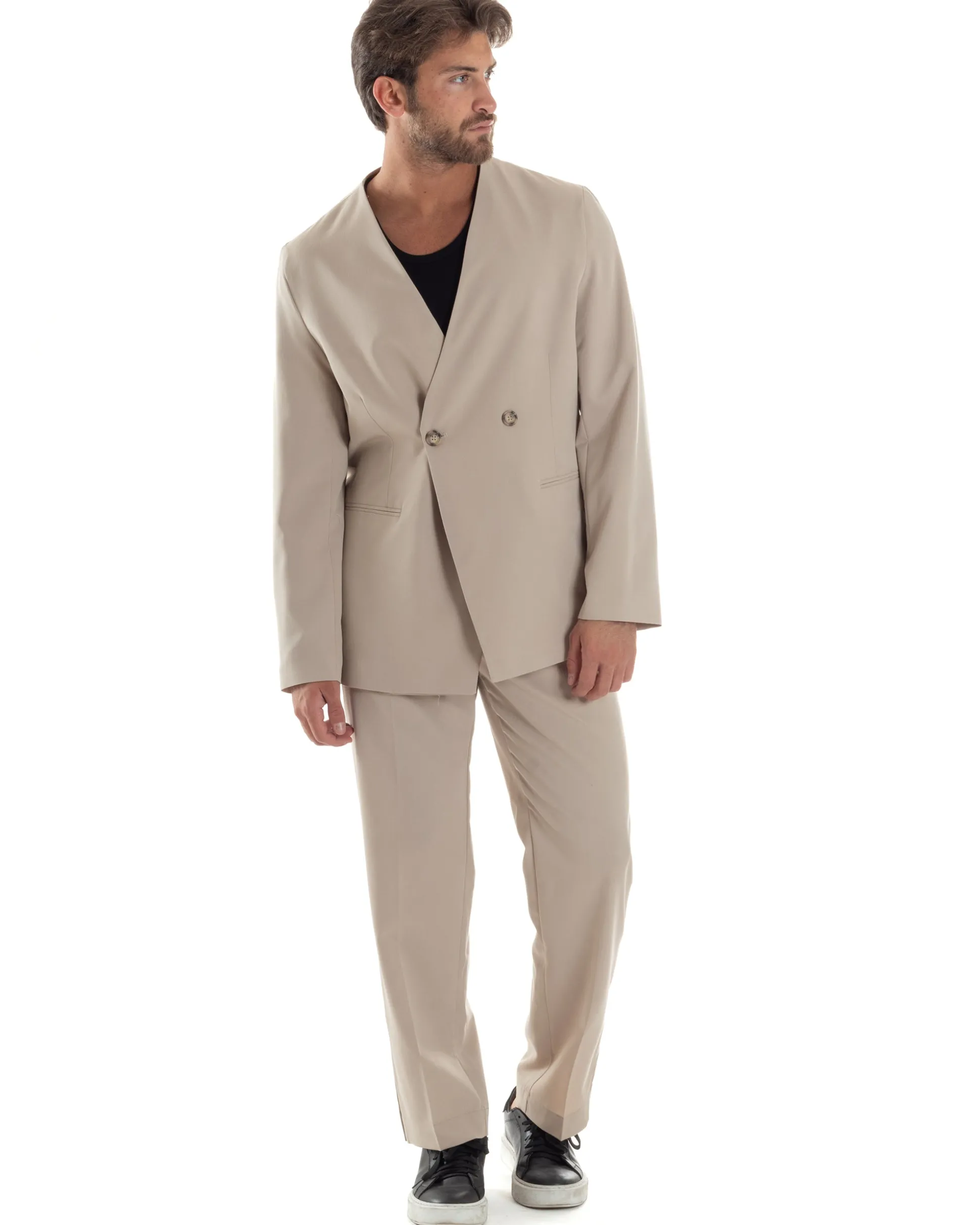 Giacca Doppiopetto Uomo Viscosa Senza Rever Relaxed Fit Casual Tinta Unita Beige GIOSAL-G3296A