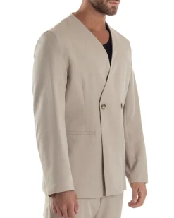Giacca Doppiopetto Uomo Viscosa Senza Rever Relaxed Fit Casual Tinta Unita Beige GIOSAL-G3296A