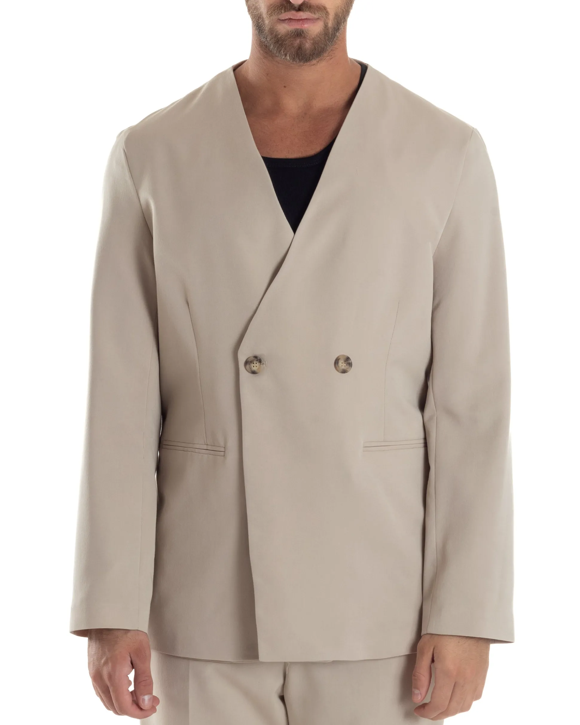 Giacca Doppiopetto Uomo Viscosa Senza Rever Relaxed Fit Casual Tinta Unita Beige GIOSAL-G3296A