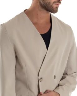 Giacca Doppiopetto Uomo Viscosa Senza Rever Relaxed Fit Casual Tinta Unita Beige GIOSAL-G3296A