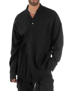 Giacca kimono lino relaxed fit morbido tinta unita nero GIOSAL-G3314A