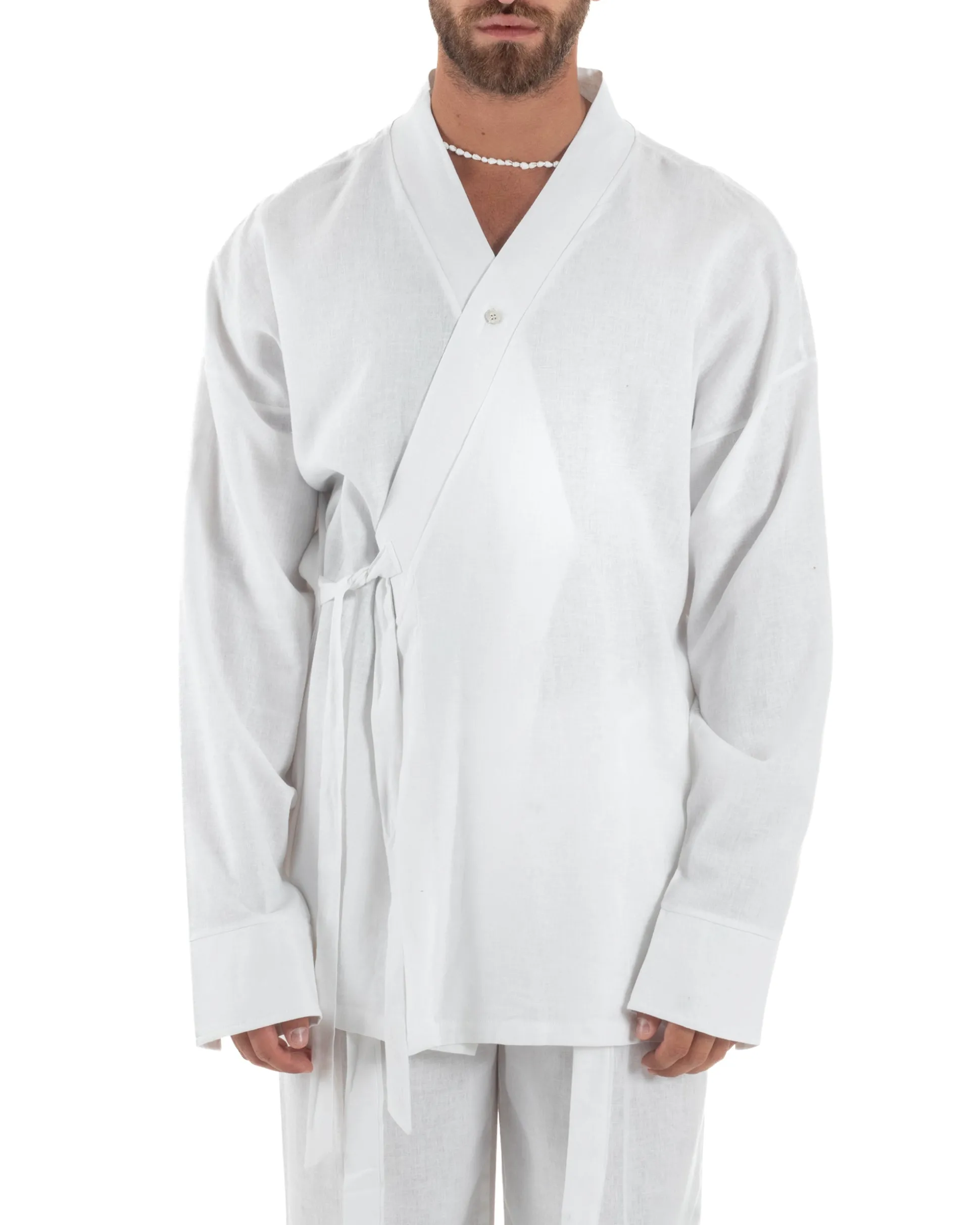 Giacca kimono lino relaxed fit morbido tinta unita bianco GIOSAL-G3313A
