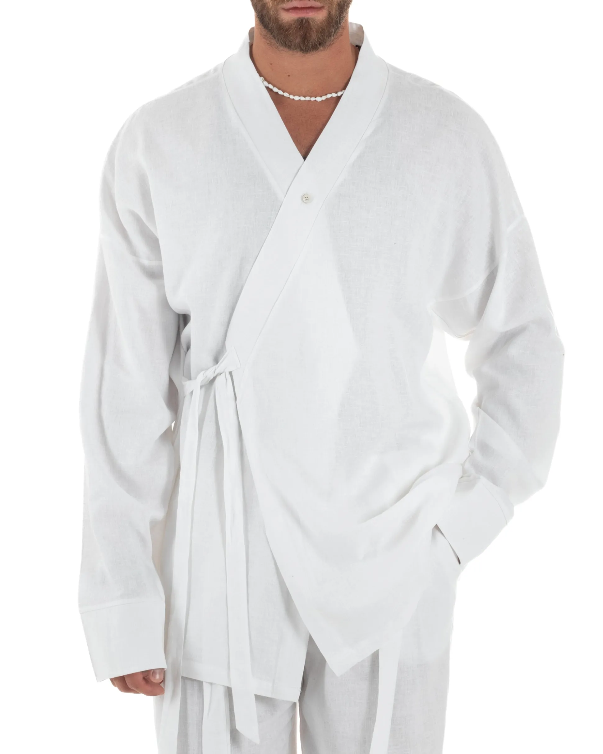 Giacca kimono lino relaxed fit morbido tinta unita bianco GIOSAL-G3313A