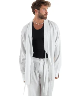 Giacca kimono lino relaxed fit morbido tinta unita bianco GIOSAL-G3313A