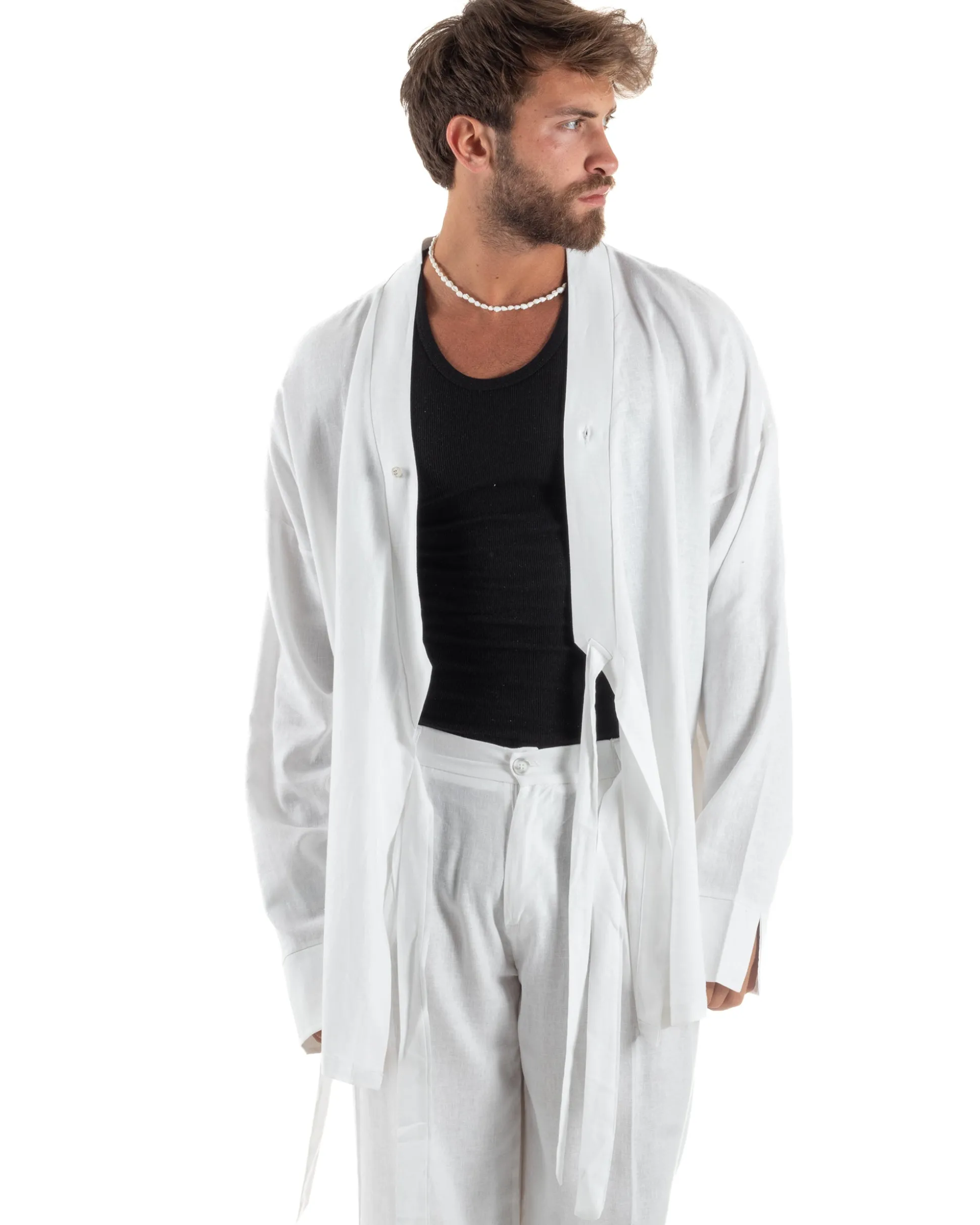Giacca kimono lino relaxed fit morbido tinta unita bianco GIOSAL-G3313A