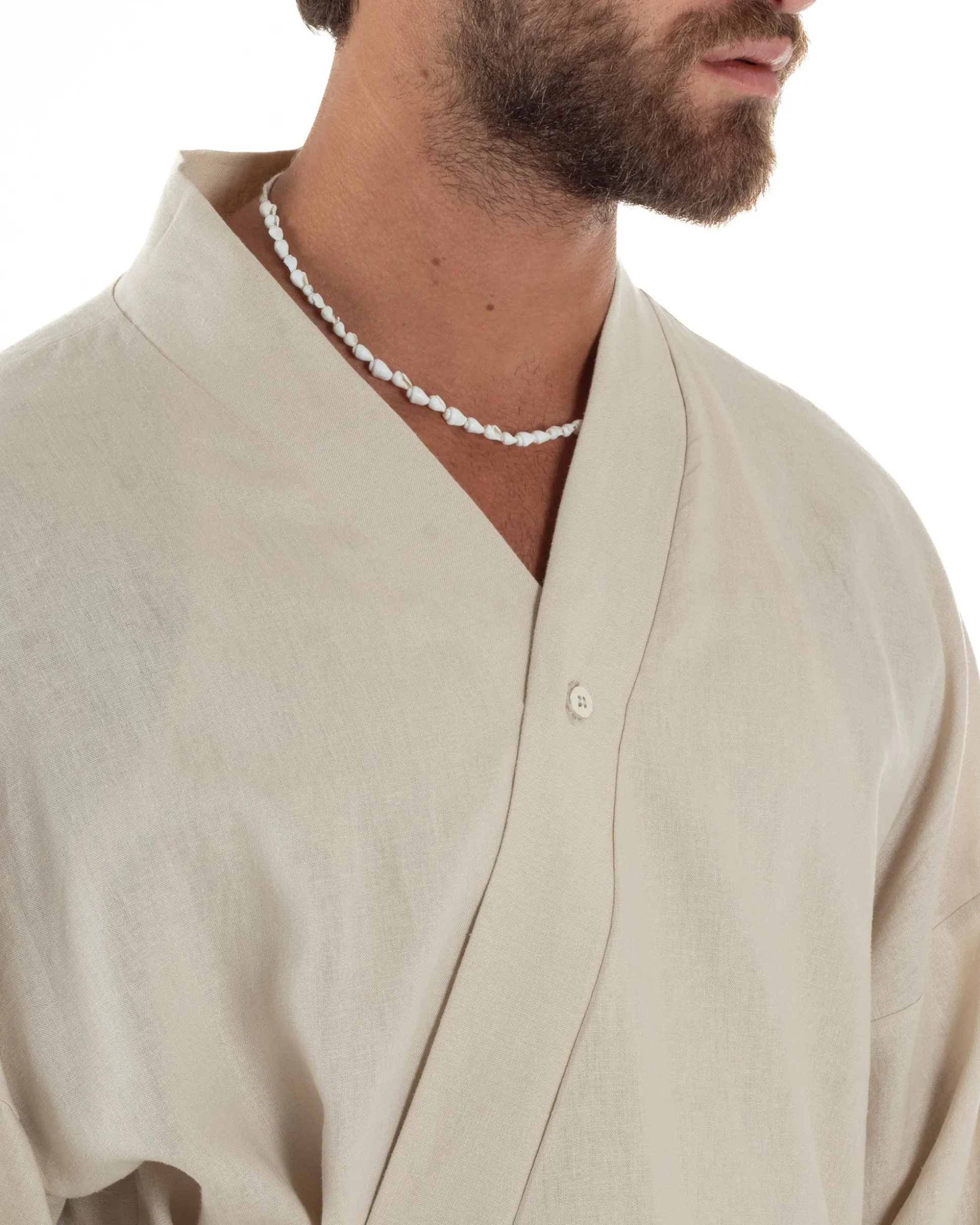 Giacca kimono lino relaxed fit morbido tinta unita beige GIOSAL-G3312A