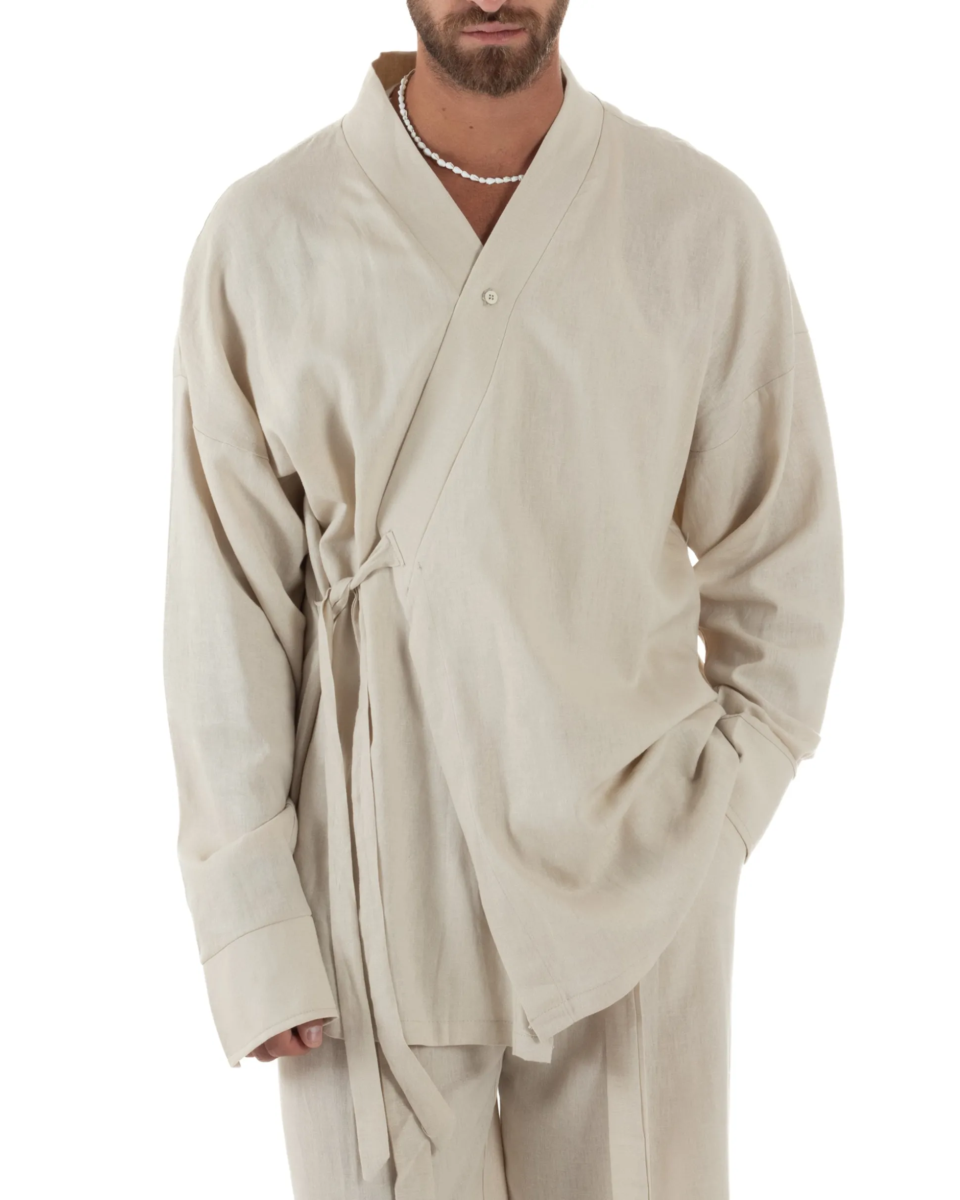 Giacca kimono lino relaxed fit morbido tinta unita beige GIOSAL-G3312A