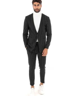 Giacca Monopetto Uomo Collo Coreano Rigata Nero Bottone Nascosto GIOSAL-G2733A