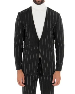 Giacca Monopetto Uomo Collo Coreano Rigata Nero Bottone Nascosto GIOSAL-G2733A