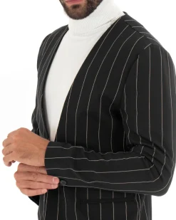 Giacca Monopetto Uomo Collo Coreano Rigata Nero Bottone Nascosto GIOSAL-G2733A