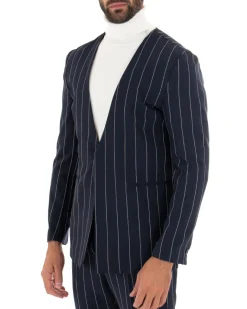Giacca Monopetto Uomo Collo Coreano Rigata Blu Bottone Nascosto GIOSAL-G2732A
