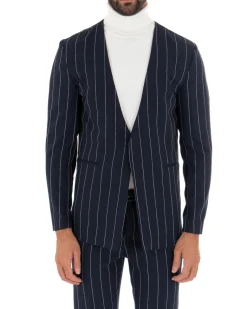Giacca Monopetto Uomo Collo Coreano Rigata Blu Bottone Nascosto GIOSAL-G2732A