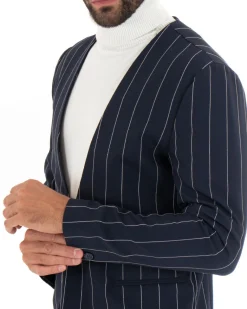 Giacca Monopetto Uomo Collo Coreano Rigata Blu Bottone Nascosto GIOSAL-G2732A