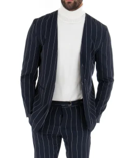 Giacca Monopetto Uomo Collo Coreano Rigata Blu Bottone Nascosto GIOSAL-G2732A