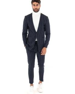 Giacca Monopetto Uomo Collo Coreano Rigata Blu Bottone Nascosto GIOSAL-G2732A