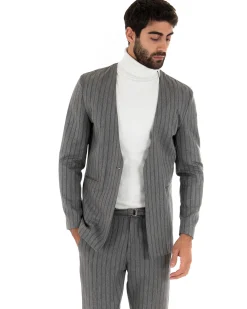Giacca Monopetto Uomo Collo Coreano Rigata Grigio Bottone Nascosto GIOSAL-G2731A
