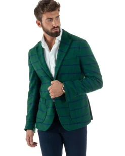 Giacca Monopetto Uomo Lana Check Quadri Revers Blazer Verde BZ1006A