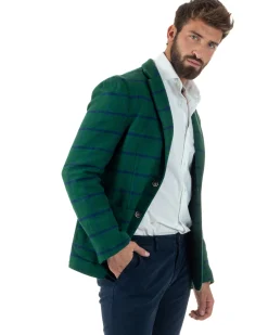 Giacca Monopetto Uomo Lana Check Quadri Revers Blazer Verde BZ1006A