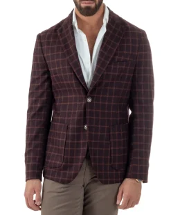 Giacca Monopetto Uomo Lana Check Quadri Revers Blazer Bordeaux BZ1004A