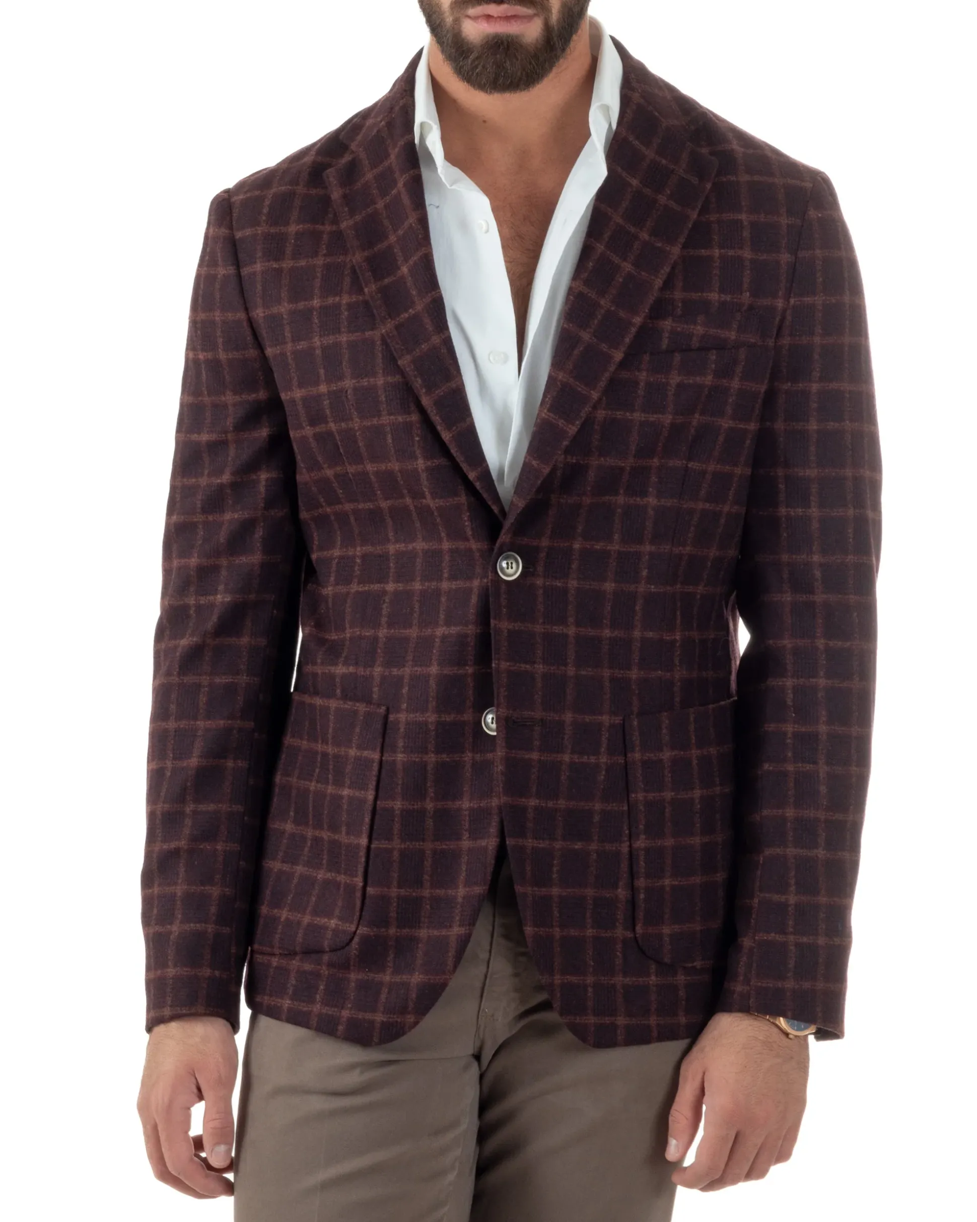 Giacca Monopetto Uomo Lana Check Quadri Revers Blazer Bordeaux BZ1004A