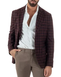Giacca Monopetto Uomo Lana Check Quadri Revers Blazer Bordeaux BZ1004A