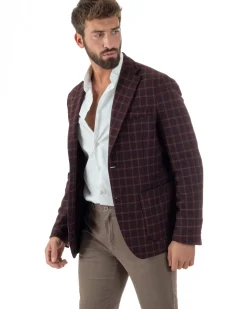 Giacca Monopetto Uomo Lana Check Quadri Revers Blazer Bordeaux BZ1004A
