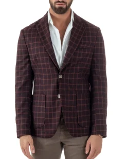 Giacca Monopetto Uomo Lana Check Quadri Revers Blazer Bordeaux BZ1004A