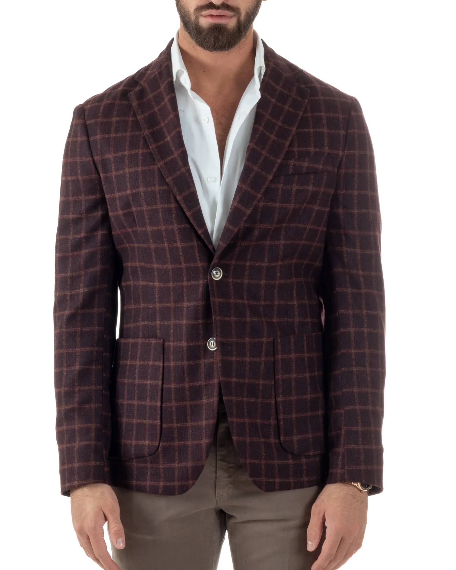 Giacca Monopetto Uomo Lana Check Quadri Revers Blazer Bordeaux BZ1004A