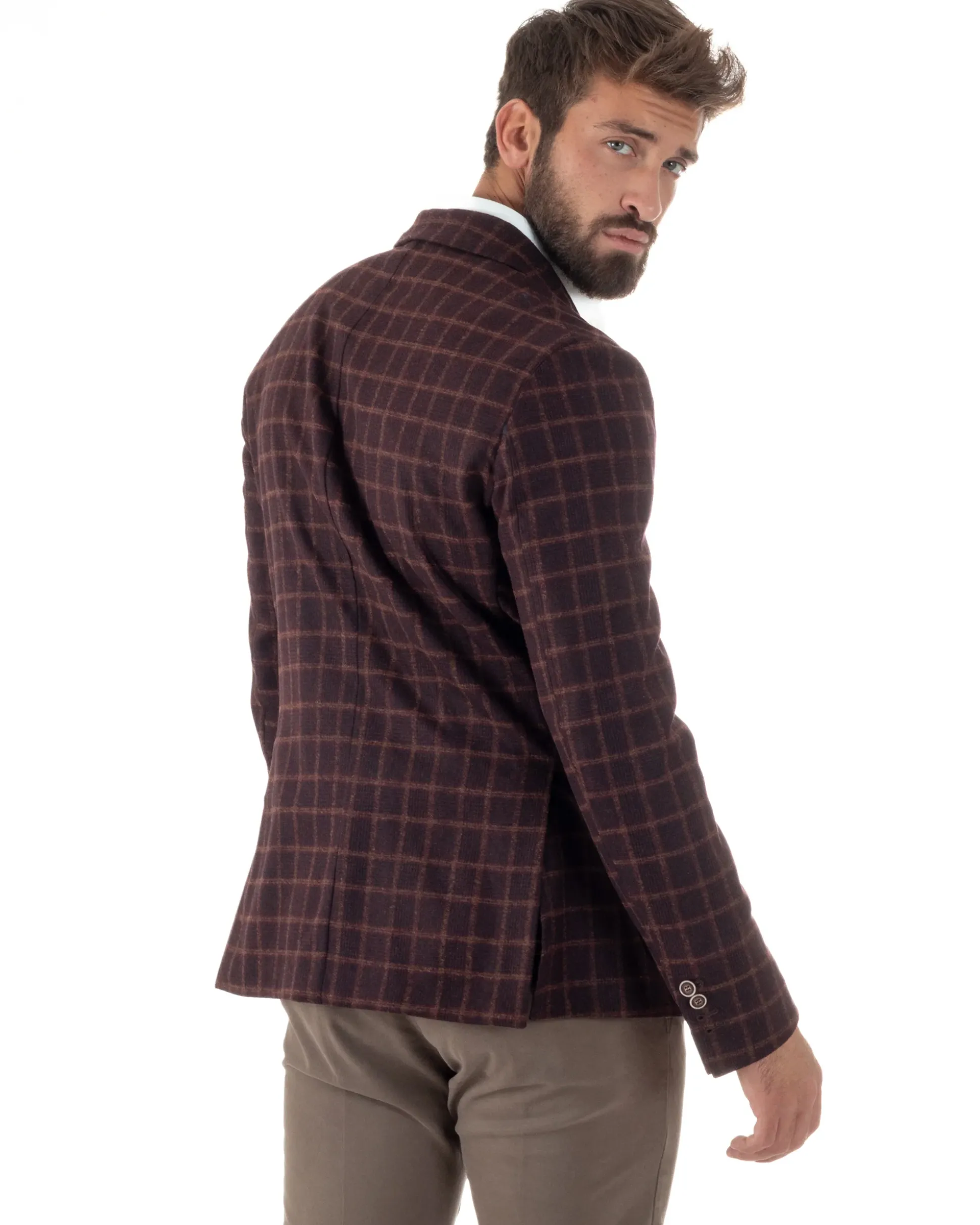 Giacca Monopetto Uomo Lana Check Quadri Revers Blazer Bordeaux BZ1004A