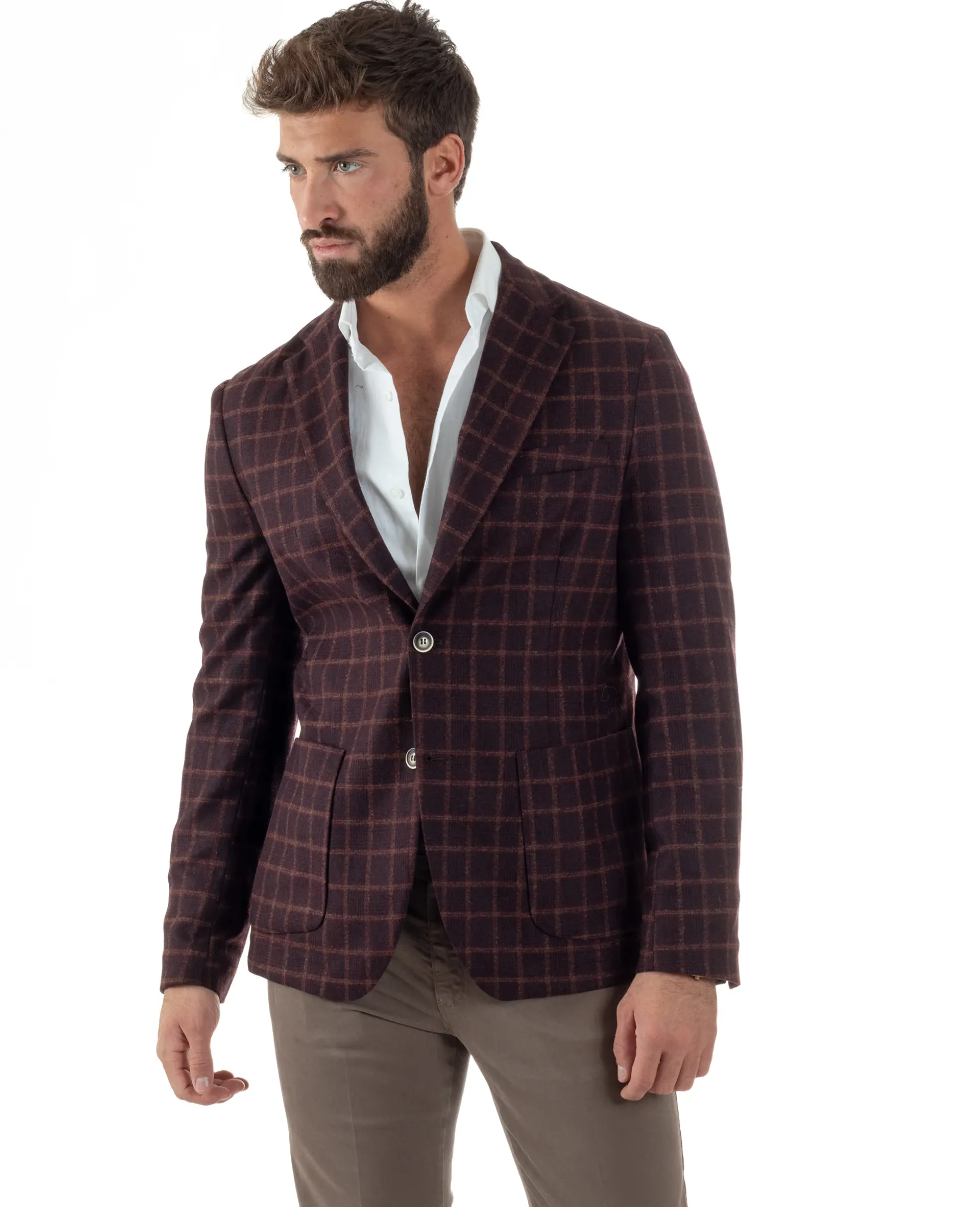 Giacca Monopetto Uomo Lana Check Quadri Revers Blazer Bordeaux BZ1004A