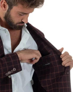 Giacca Monopetto Uomo Lana Check Quadri Revers Blazer Bordeaux BZ1004A