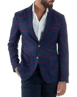 Giacca Monopetto Uomo Lana Check Quadri Revers Blazer Blu BZ1005A