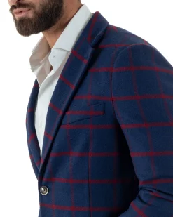 Giacca Monopetto Uomo Lana Check Quadri Revers Blazer Blu BZ1005A