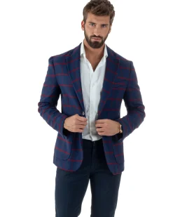 Giacca Monopetto Uomo Lana Check Quadri Revers Blazer Blu BZ1005A