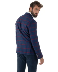 Giacca Monopetto Uomo Lana Check Quadri Revers Blazer Blu BZ1005A