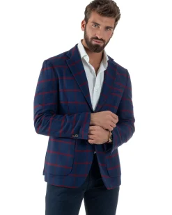 Giacca Monopetto Uomo Lana Check Quadri Revers Blazer Blu BZ1005A