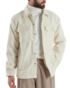 Giacca Overshirt Uomo Camicia Con Tasconi Tessuto Diagonale Panna G3363A