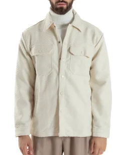 Giacca Overshirt Uomo Camicia Con Tasconi Tessuto Diagonale Panna G3363A