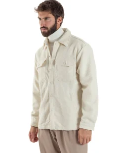 Giacca Overshirt Uomo Camicia Con Tasconi Tessuto Diagonale Panna G3363A