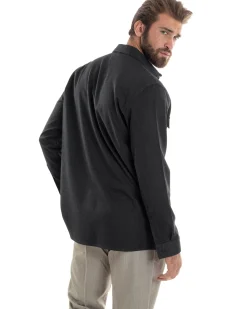 Giacca Sahariana Uomo Flanella Camicia Giubbotto Overshirt Tasconi E Colletto Camicione Casual Tinta Unita Nero GIOSAL-G3278A