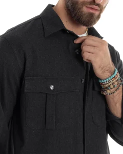 Giacca Sahariana Uomo Flanella Camicia Giubbotto Overshirt Tasconi E Colletto Camicione Casual Tinta Unita Nero GIOSAL-G3278A
