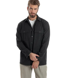 Giacca Sahariana Uomo Flanella Camicia Giubbotto Overshirt Tasconi E Colletto Camicione Casual Tinta Unita Nero GIOSAL-G3278A