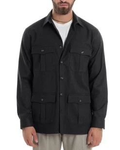 Giacca Sahariana Uomo Flanella Camicia Giubbotto Overshirt Tasconi E Colletto Camicione Casual Tinta Unita Nero GIOSAL-G3278A