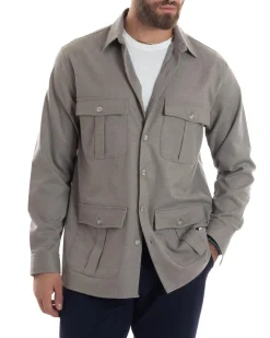 Giacca Sahariana Uomo Flanella Camicia Giubbotto Overshirt Tasconi E Colletto Camicione Casual Tinta Unita Beige GIOSAL-G3279A