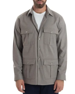 Giacca Sahariana Uomo Flanella Camicia Giubbotto Overshirt Tasconi E Colletto Camicione Casual Tinta Unita Beige GIOSAL-G3279A