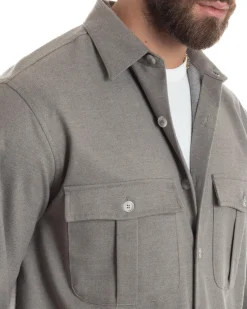 Giacca Sahariana Uomo Flanella Camicia Giubbotto Overshirt Tasconi E Colletto Camicione Casual Tinta Unita Beige GIOSAL-G3279A