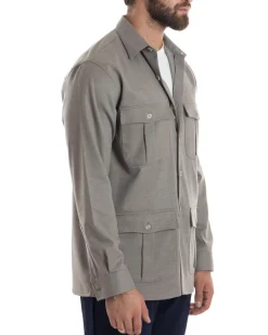 Giacca Sahariana Uomo Flanella Camicia Giubbotto Overshirt Tasconi E Colletto Camicione Casual Tinta Unita Beige GIOSAL-G3279A