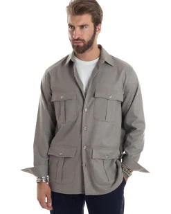 Giacca Sahariana Uomo Flanella Camicia Giubbotto Overshirt Tasconi E Colletto Camicione Casual Tinta Unita Beige GIOSAL-G3279A