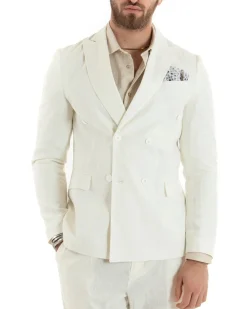Giacca Uomo Doppiopetto Lino Tinta Unita Panna Sartoriale Cerimonia Elegante Casual GIOSAL-G3064A